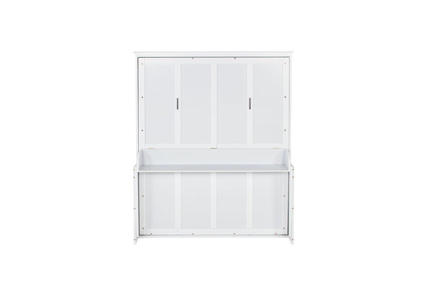 English Elm Queen Murphy Wall Bed with Integrated Desk Gas Strut Lift White Cabinet for Small Spaces White W504S00216