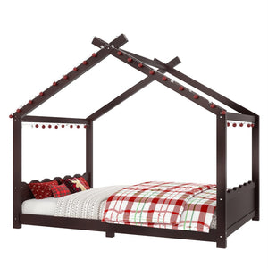English Elm Twin House Frame Floor Bed Solid Pine Kids Room Montessori Low Profile Play Nook Espresso W1580P387842