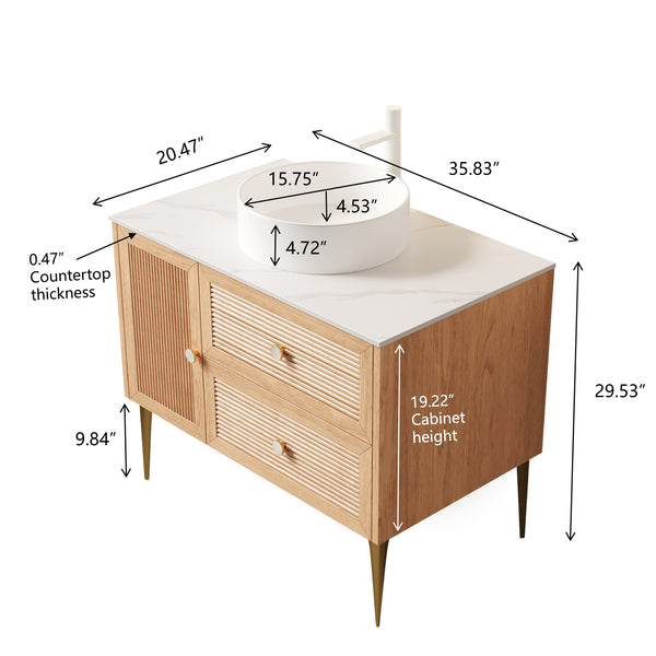English Elm MUNIN Oak Bathroom Vanity 36" with Carrara Sintered Stone Top, White Ceramic Vessel Sink, Soft-Close W2615S00129