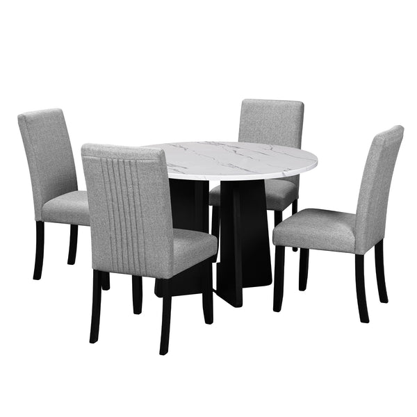 English Elm 5-Piece Round Dining Set with 43" Modern MDF Table and 4 Upholstered Fabric Chairs for Compact Spaces White+gray N752S001055E