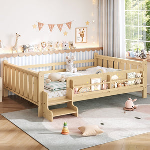 English Elm Queen Bunk Bed with Trundle Solid Pine Kids Car Themed Frame Built-in Bookshelf Light Natural W1580S00538
