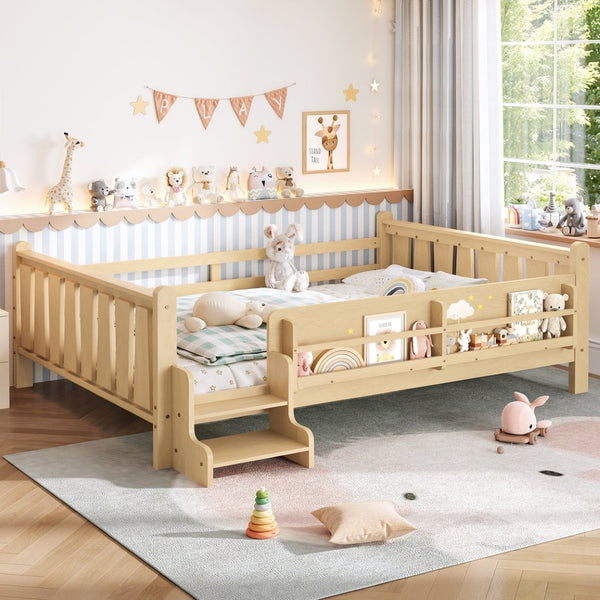 English Elm Queen Bunk Bed with Trundle Solid Pine Kids Car Themed Frame Built-in Bookshelf Light Natural W1580S00538