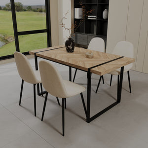 English Elm 59" Light Wood Mdf Dining Table Set with Suede Chairs and Black Metal Base W3732S00004
