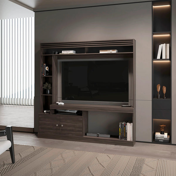 English Elm Stained Walnut Entertainment Center with Six Shelves, Two-Door Cabinet & Open Storage for Style and Organization B062S00602