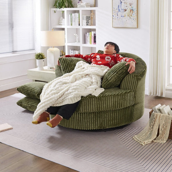 English Elm 360° Swivel Round Corduroy Lounge Chair Oversized Sculptural Seat for Living Room Green W3705S00038