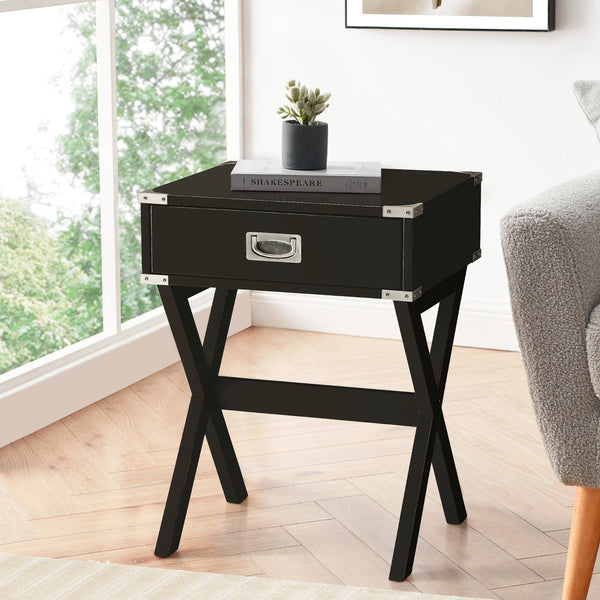 English Elm Black Rustic 1-Drawer End Table with Metal-Corner Wood Top, X-Base Stability, Versatile Accent Piece B062P181373