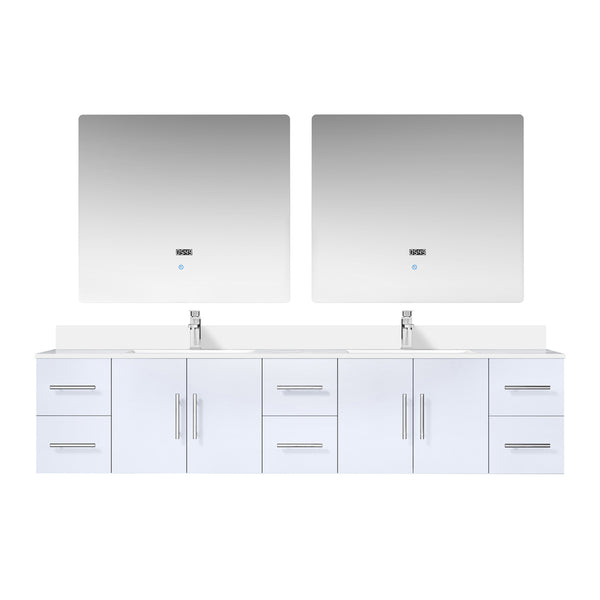 English Elm Glossy White Double Bath Vanity 84" W x 22" D with Cultured Marble Top, Chrome Faucet & 36" LED Mirrors B2731S01108