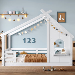 English Elm Full House Floor Bed with Roof Window and Shelf – Solid Pine Kids Loft-Style Low Bed, Durable Design White W1580P362693