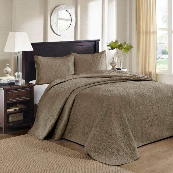 JLA Home Madison Park - 3 Reversible Bedspread Set with Quilted Stitch Texture, Antimicrobial Cotton Fill, Oversized Drapey Elegance Khaki MP13-1565