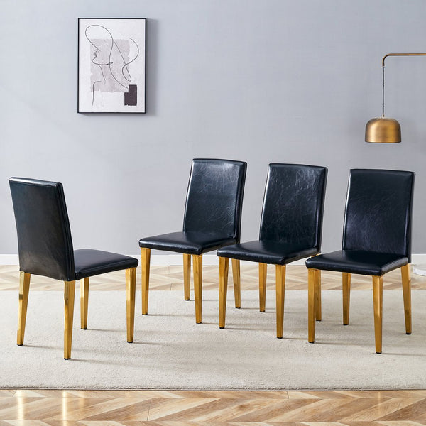 English Elm Four PU dining chairs with sleek silver metal legs, ergonomic PU seats, anti-slip feet, easy assembly, modern minimalist style Black+Gold W1151P269024