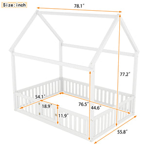 English Elm Full Full Size Wood House Bed with Roof, Fence & Working Door in Washed White Pine — Cozy Play Loft Retreat for Kids (78.1" L x 55.8" W x 77.2" H) WF531502AAK