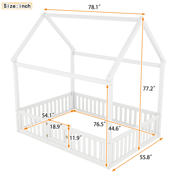 English Elm Full Full Size Wood House Bed with Roof, Fence & Working Door in Washed White Pine — Cozy Play Loft Retreat for Kids (78.1" L x 55.8" W x 77.2" H) WF531502AAK