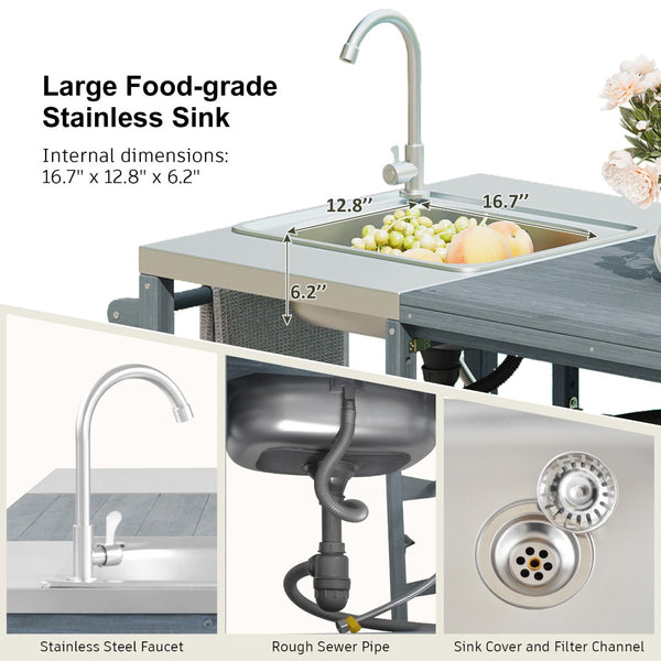 English Elm K&k Solid Fir Outdoor Kitchen Island with Sink Stainless Steel Top and Grill Cutout Grey+Blue N707S000022G