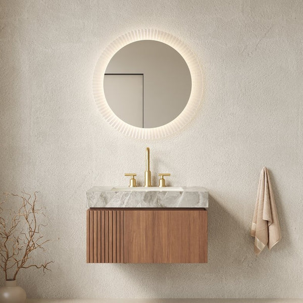 English Elm Muri Floating Bathroom Vanity Plywood Cabinet Sintered Stone Top Oak Drawer W2615S00594