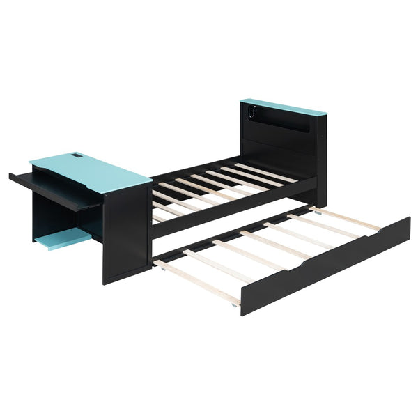 English Elm Twin Wood Gaming Daybed with Trundle Built-in Desk Rgb Lighting and Usb Port Black+Blue LT000283AAC