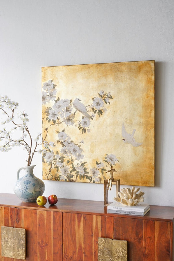 English Elm 38.6x38.6x1.4" Hand-painted Blossom Canvas Art with Textured Gold Acrylic Background W2078P481777