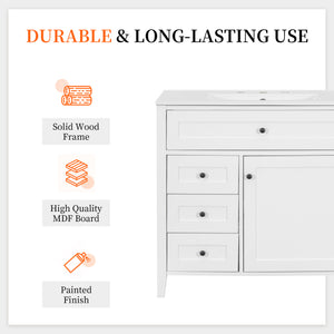 English Elm 36-Inch White Bathroom Vanity With Sink, Modern Mdf & Rubberwood, 3 Drawers & Adjustable Shelf Storage N725P350821K