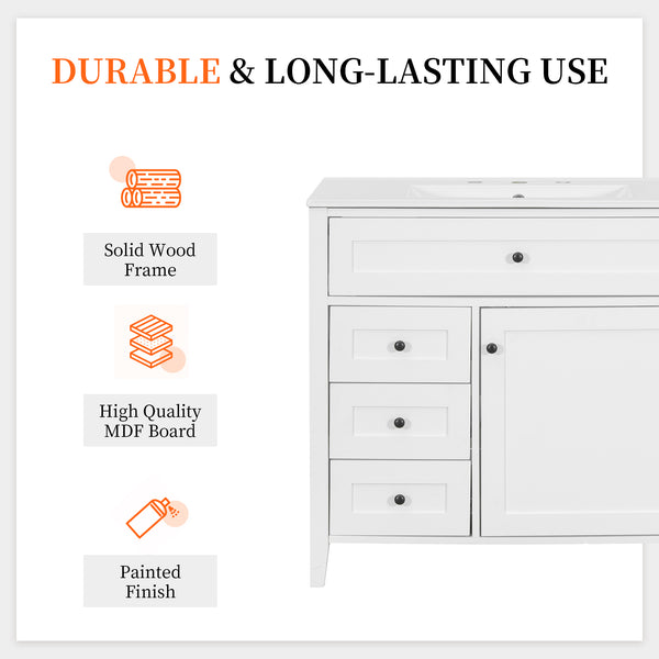 English Elm 36-Inch White Bathroom Vanity With Sink, Modern Mdf & Rubberwood, 3 Drawers & Adjustable Shelf Storage N725P350821K
