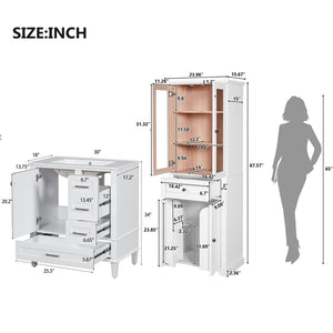 English Elm 67.57" Tall Matte Cabinet Vanity Combo with Glass Doors Soft-close Drawers Sink White N729P000033K