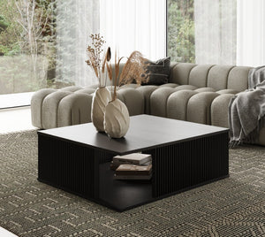 VIG Furniture Alpine Black Ash Mid-Century Square Coffee Table With Double-Tier Display, Louvered Sides, Ready-To-Use VGDW-J5895-BLK