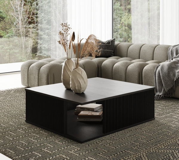 VIG Furniture Alpine Black Ash Mid-Century Square Coffee Table With Double-Tier Display, Louvered Sides, Ready-To-Use VGDW-J5895-BLK