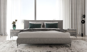 VIG Furniture Aria Italian Modern Grey Upholstered Platform Bed With Black Metal Legs & Two Nightstands, Sleek Design VGAC-ARIA-BED-BN-EK