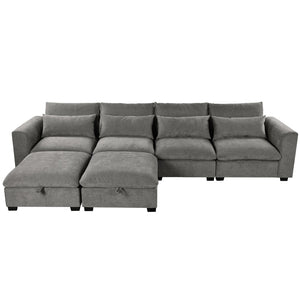 English Elm U_style Modular U-shaped Sectional Sofa Six Seat Linen Fabric with Storage Ottomans Gray WY000491AAE