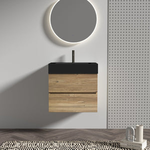 English Elm 24' Mid-Century Wall-Mounted Vanity with Engineered Quartz Basin, Hidden Handle, Extra Storage, Soft-Close Drawers Oak W1865S00164