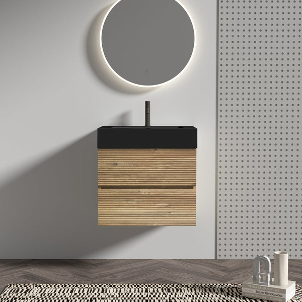 English Elm 24' Mid-Century Wall-Mounted Vanity with Engineered Quartz Basin, Hidden Handle, Extra Storage, Soft-Close Drawers Oak W1865S00164