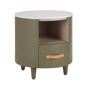 English Elm Christopher Knight Home® - Contemporary Round Nightstand with Drawer & Open Shelf, Curved Bedside Table with Leather Handles Green 22 L x 22 W x 19.75 H N761P285708F