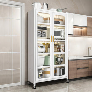 English Elm 65" Kitchen Pantry Cabinet with Transparent Double Doors, 6-Tier Adjustable Metal Shelves on Wheels, White Durable Storage Solution W3204P383016