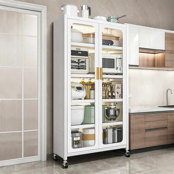 English Elm 65" Kitchen Pantry Cabinet with Transparent Double Doors, 6-Tier Adjustable Metal Shelves on Wheels, White Durable Storage Solution W3204P383016