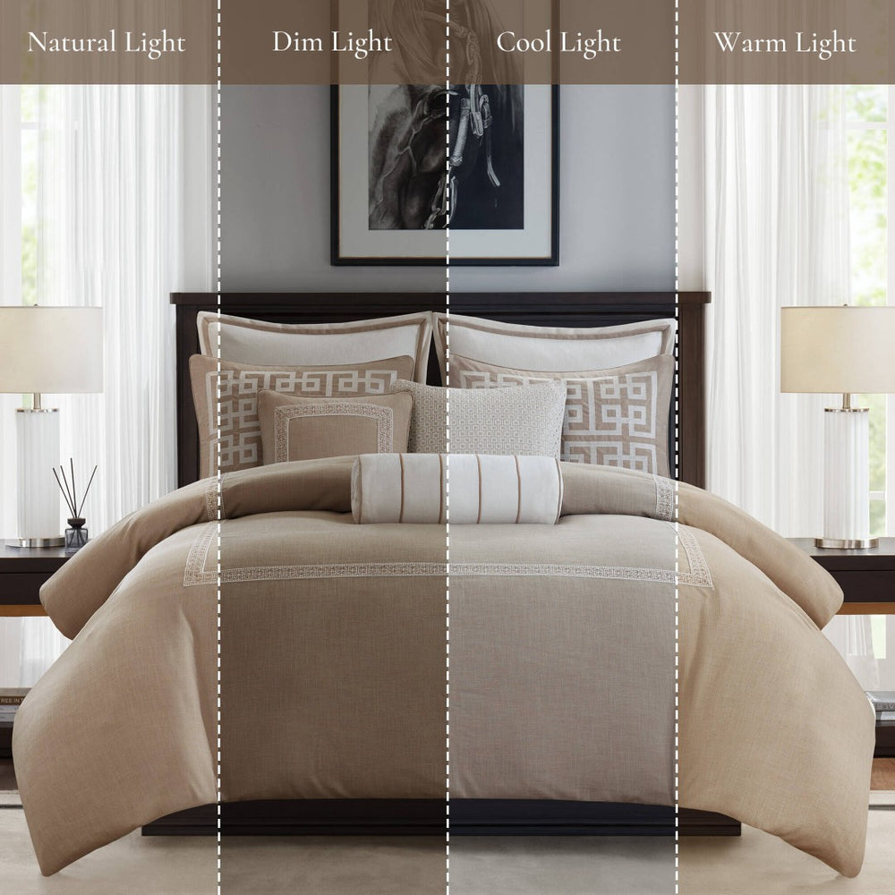 English Elm 9-piece King Bedding Set Velvet Slub Fabric Embroidered Comforter with Euro Shams Taupe B035P482954