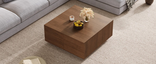 English Elm 33.25" Square Storage Coffee Table Four Drawer Matte Mdf Living Room Centerpiece Walnut N735P422508D