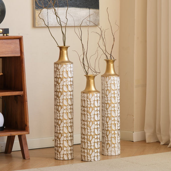 English Elm Floor Antique White Gold Metal Vases Set of 3 (32/28/24") — Tall Decorative Centerpieces for Entryway W2796P193594