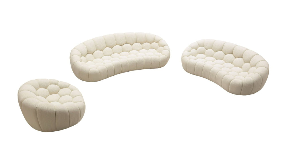 VIG Furniture Yolonda Curved Off-White Teddy Fabric Sofa Set — Modern Hex-Tufted Sculptural Seating, Solid Wood Support VGEV2126C-SET-C-00