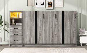 English Elm Twin Murphy Bed with Drawers & LED Light — Space-Saving Gray Cabinet Bed, Solid MDF/Pine, 800lb Capacity N709P002049D