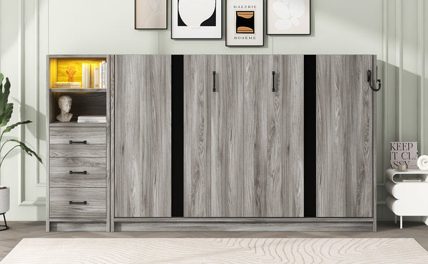 English Elm Twin Murphy Bed with Drawers & LED Light — Space-Saving Gray Cabinet Bed, Solid MDF/Pine, 800lb Capacity N709P002049D