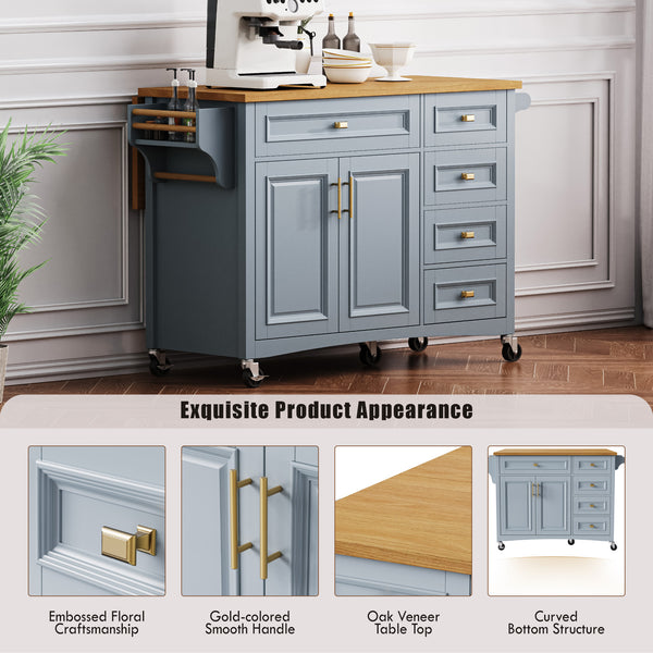 English Elm K&K 52" Kitchen Island with Embossed Farmhouse Texture, Drop Leaf, Spice & Towel Racks, Wheels Blue+Grey N707P195393G