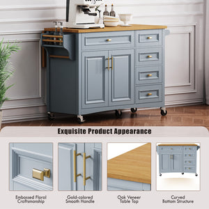 English Elm K&k Farmhouse Rolling Kitchen Island Oak Veneer Top with Drop Leaf and Storage Drawers Blue+Grey N707S195393G