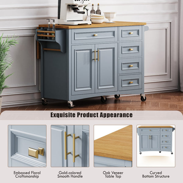 English Elm K&k Farmhouse Rolling Kitchen Island Oak Veneer Top with Drop Leaf and Storage Drawers Blue+Grey N707S195393G