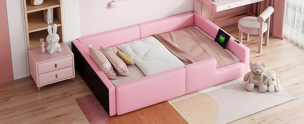 English Elm Twin Upholstered Platform Bed with Guardrail and Built-In Charging Station, Modern Sleek Design for Small Spaces Pink N709P186347H
