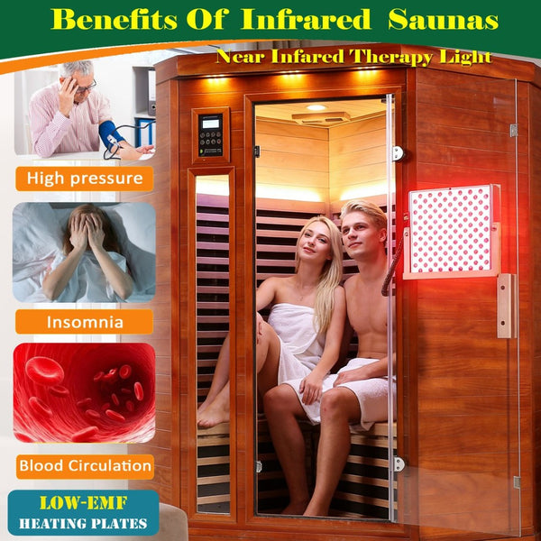 English Elm Far Infrared Two Person Corner Sauna Okoume Wood Low Emf Full Spectrum Therapy Cabin W3973S00014