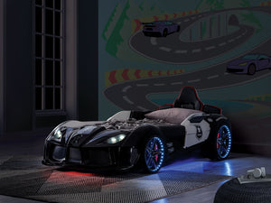 English Elm Modern Police Car Bed Twin Size With Led Lights, Magnetic Doors & Upholstered Headboard For Kids B2741S00497