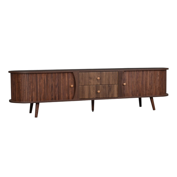 English Elm 70 Inch Mid Century Media Console with Tambour Doors Fluted Drawers and Wood Legs N710P419840P