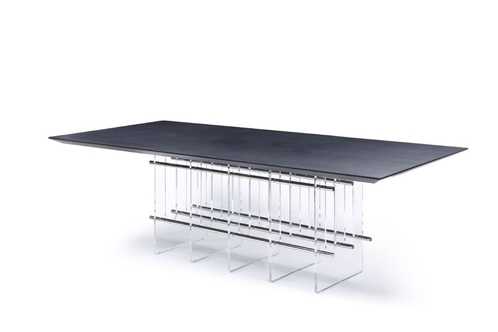 VIG Furniture Inverness Black Oak Dining Table With Acrylic Legs & Polished Steel Pedestal — Seats 8, Modern Luxe Finish VGVCT2259-DT