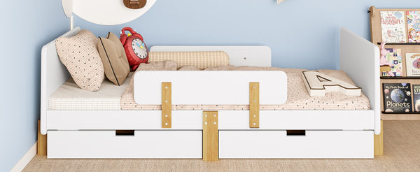 English Elm Twin Low Profile Kids Floor Bed Pine Wood Frame with Safety Rail and Built in Bookshelf Light White W1580P373241