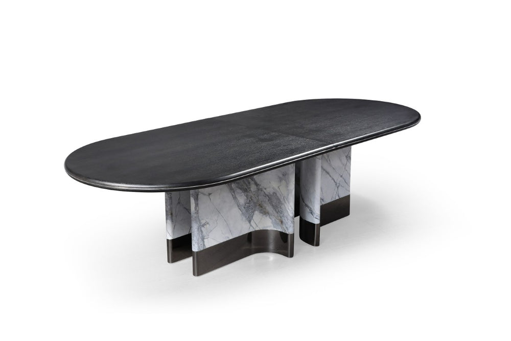VIG Furniture Renfew Modern Black Oak Oval Dining Table With Faux Marble Double Pedestal & Stainless Accents, Seats 14 VGVCT2203-DT