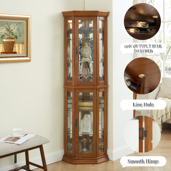 English Elm Lighted Corner Curio Cabinet - Elegant Display Shelf With Adjustable Glass Shelves & Ambient Lighting W1758P300137