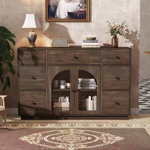 English Elm Christopher Knight Home® - Cabinet roomy storage console with 2 doors, 7 drawers, glass accents and manufactured wood build, large Dark Brown N780P330601D